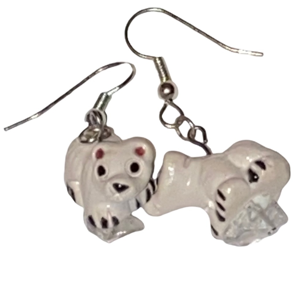 HAND CRAFTED Earrings Polar Bear Quartz Crystal Dangle Drop Long Ceramic Pierced - Picture 2 of 9